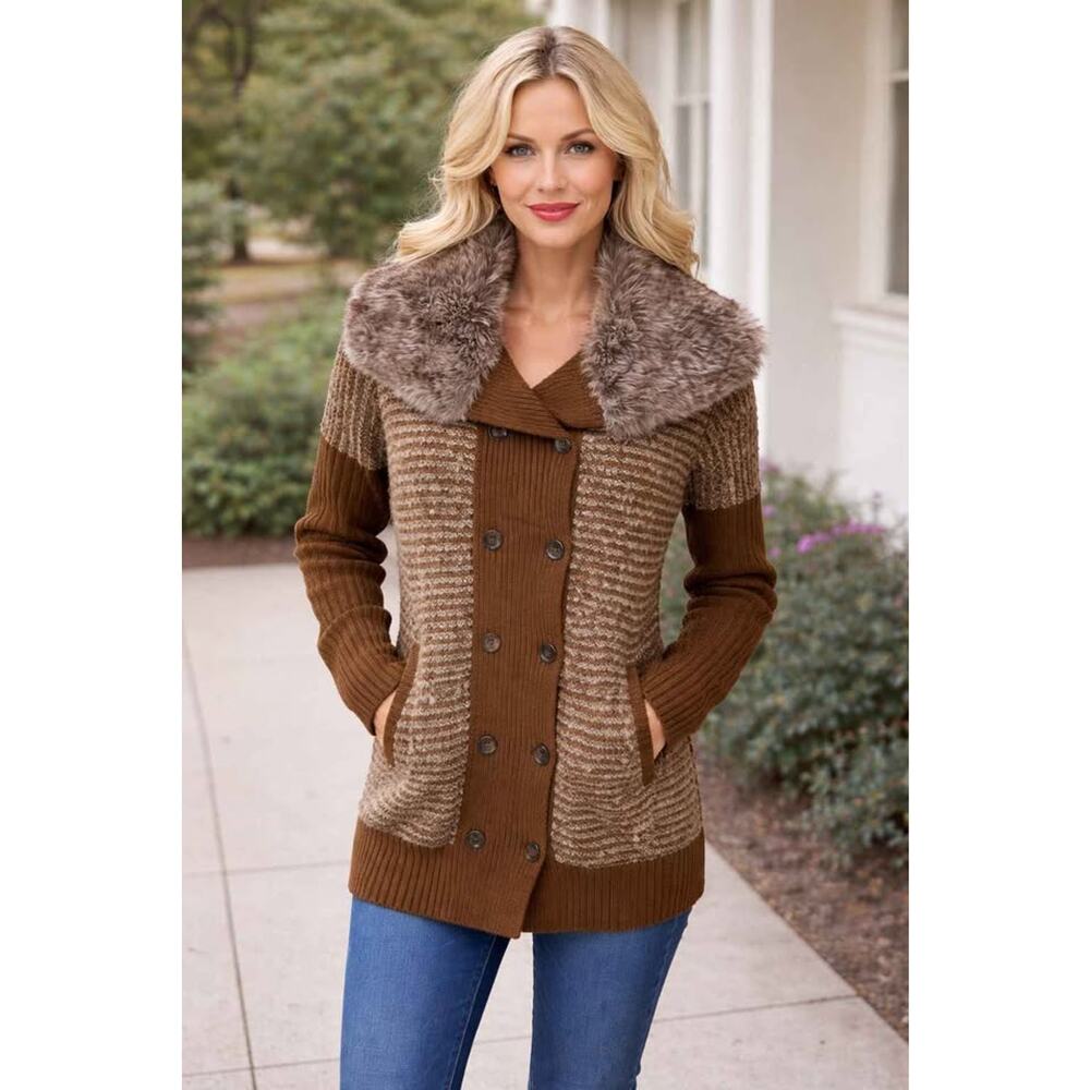 Lilly McKay Size S Brown Textured Knit Sweater – Faux Fur Collar